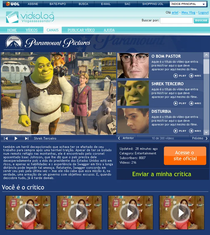 Página do Videolog com identidade visual da Paramount