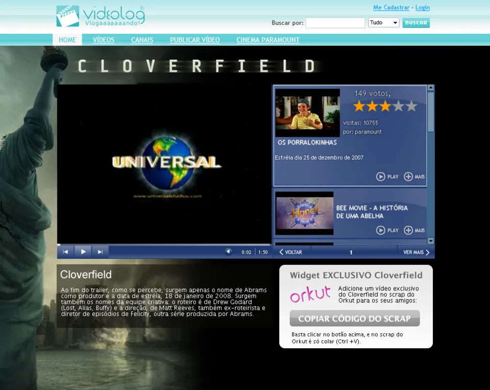 Página temática de Cloverfield no Videolog
