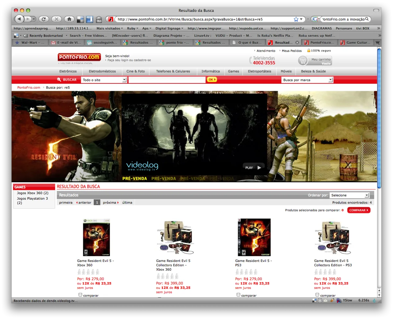 Página do PontoFrio.com com player identificado como Videolog